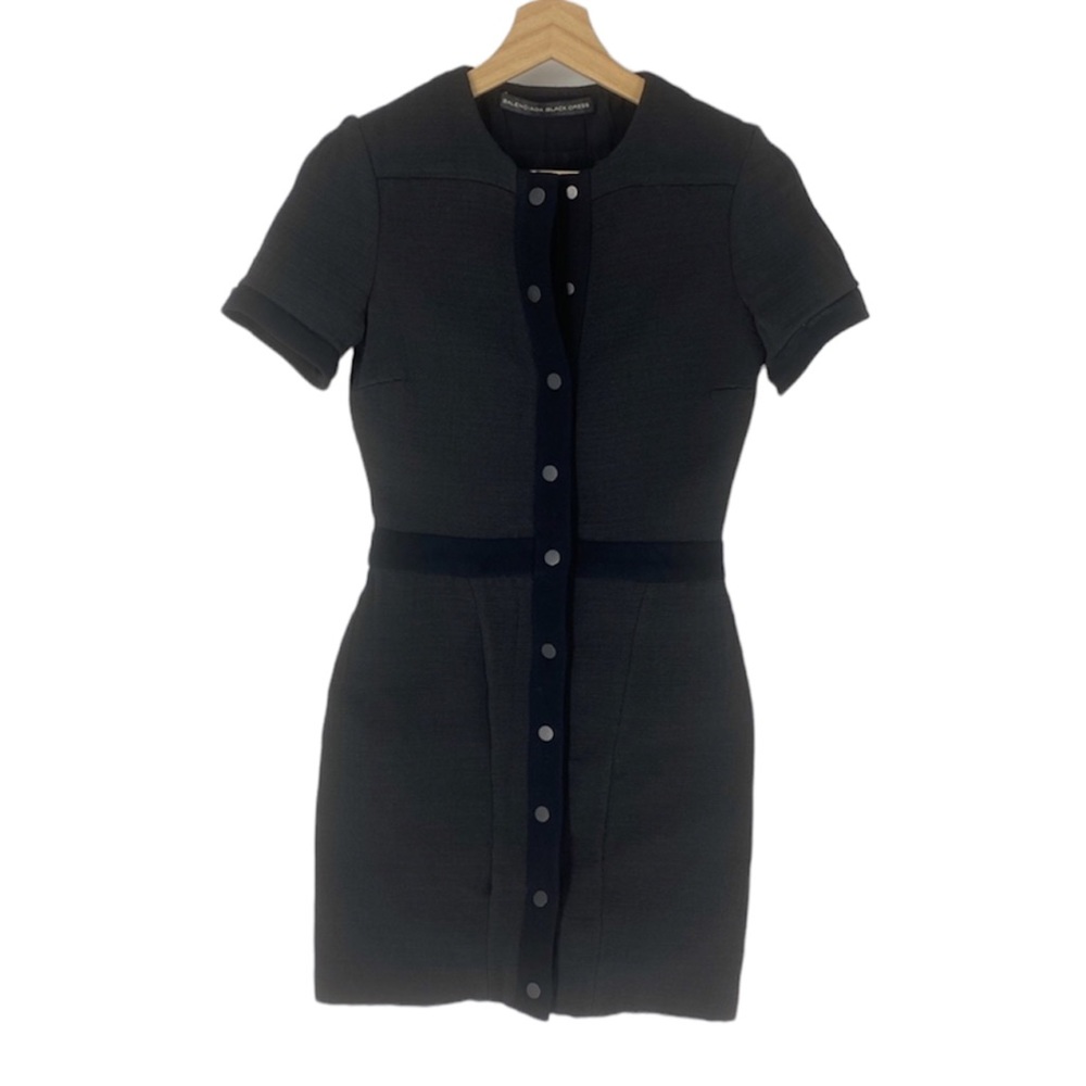 Balenciaga Little Black Button Down Midi Short Sleeve Dress